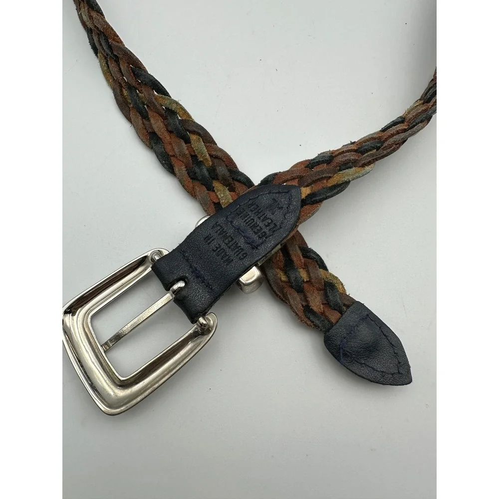 Vintage Braided Leather Belt XL Multicolor Brown Navy Western Boho Casual Silver